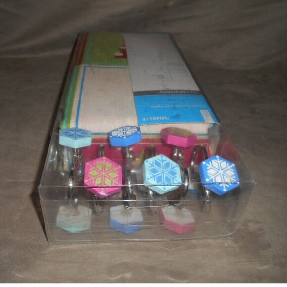 Style Selections Christmas Shower Curtain w/Snowflake Hooks Pink. Blue, Green - Picture 5 of 9